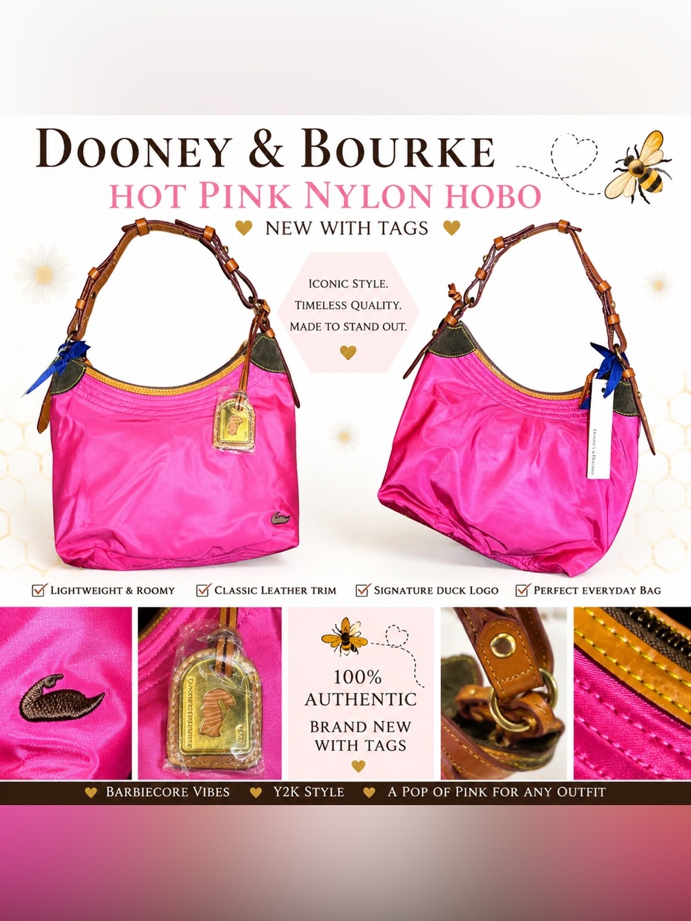 Dooney & Bourke Hot Pink Nylon Hobo Shoulder Bag NWT Leather Trim Y2K Barbiecore - Picture 2 of 2